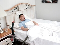 Dirty MILF goes down on stepson to play with his cock