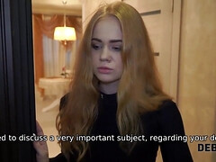 Watch how this young redhead teen gets her shaved pussy and mouth roughed up for debt collector's pleasure