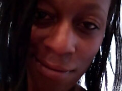 Stunning black doll Entice is touching her hungry shaved pussy