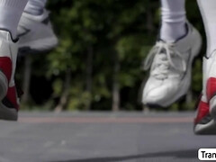 Hot Tgirl Eva Maxim gets analed by two guy in the court