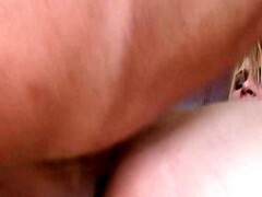 Blonde bombshell takes a hot load in her mouth after getting a cream filled pussy pounding