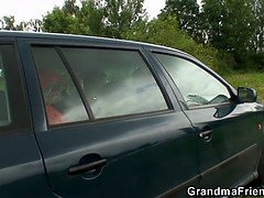 Granny and boys teen outdoor threesome