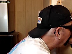 Homemade gloryhole BJ DILF sucks and strokes boyfriends cock