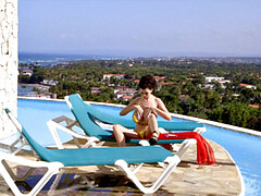 デカパイ, ビキニ, 茶髪の, アウトドア, プール, 一人