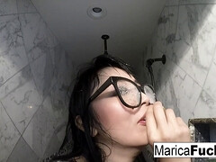 Sexy Japanese pornstar Marica Hase masturbates in lingerie in front of the mirror