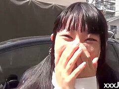 lil' asian student toys pussy over panties in public