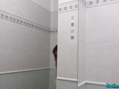 Enthousiasteling, Amerikaans, Kont, Badkamer, Grote mammen, Bruinharig, Likken, Nat