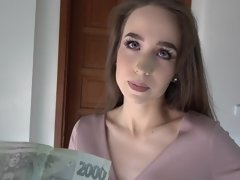 Russian teen Angel Rush fucks with a stranger & swallows a load for money