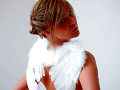 Elegant shiny blonde Audrey plays with her shaved hole in the morning