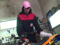 Biker girl Roxy Taggart touching herself in the garage