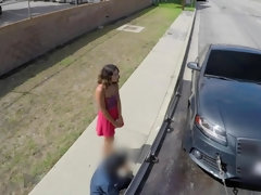 Sweet babe is sucking a huge dick