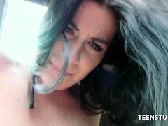Small tits brunette humps and tugs fat cock