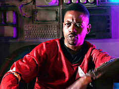 Interracial cowgirl action with a skinny black babe and a smile on her face