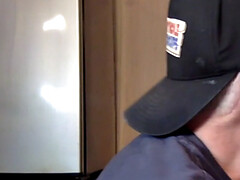Homemade gloryhole DILF sucks cock at home in closeup