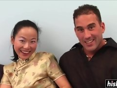 skinny asian girl takes care of a male pole