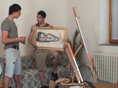 Two young painters fuck her old pussy