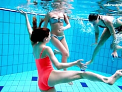 美女, デカパイ, Hd, ヌード, プール, ティーン, 三人, 水中