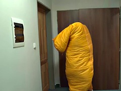 Busty babe with big ass in dorm fucked in threesome by Santa in FFM