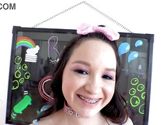 Watch Rochelle Richards, 18 YO, braces babe, take a massive cock POV and swallow a massive load