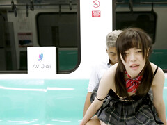 Asian girl in a schoolgirl outfit is fucked on the train