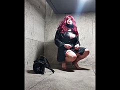 素人, ヨーロピアン, ヒール, 熟年, アウトドア, 公共, 赤毛, シーメール