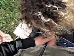 Curly-haired Spanish babe gets her natural tits and pussy pounded outdoors