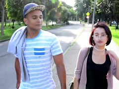 Nerdy chick is giving a sloppy blowjob at the porn casting