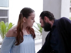 Bearded stepdad fucks the pigtailed teen talking sense into her
