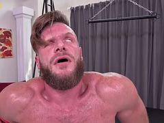 Bottom stud assfisted by BF in leather gloves and harness