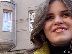 Russian teen sucks large spear and gets facialized for cash