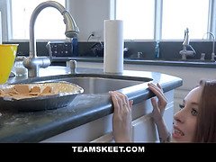Watch this young slut get her tight pussy destroyed in the kitchen