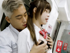 Asian girl in a schoolgirl outfit is fucked on the train