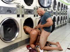 Naughty blonde MILF analyzed by bald stranger in public laundry