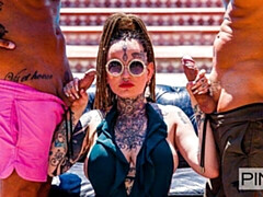 Passionate inked brunette Korinha is getting her mouth fucked twice