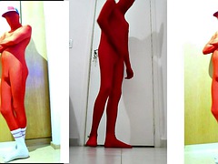 Fun at home in a red Zentai suit part 2