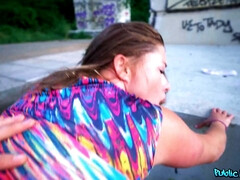 美女, 茶髪の, 巨乳な, お金, アウトドア, パンティ, 公共, オマンコ