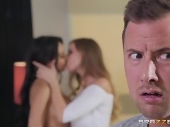 ベッドルーム, デカパイ, ブロンド, 巨乳な, チン, なめる, オマンコ, 三人