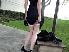 Mature blonde bombshell Jamie Foster in stockings, high heels, and toy play