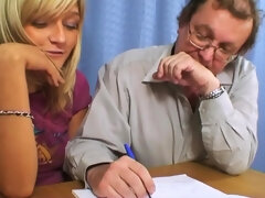Tricky old teacher makes cute blonde schoolgirl give a sloppy blowjob to