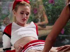 Cheerleader teen seduced by busty masseuse